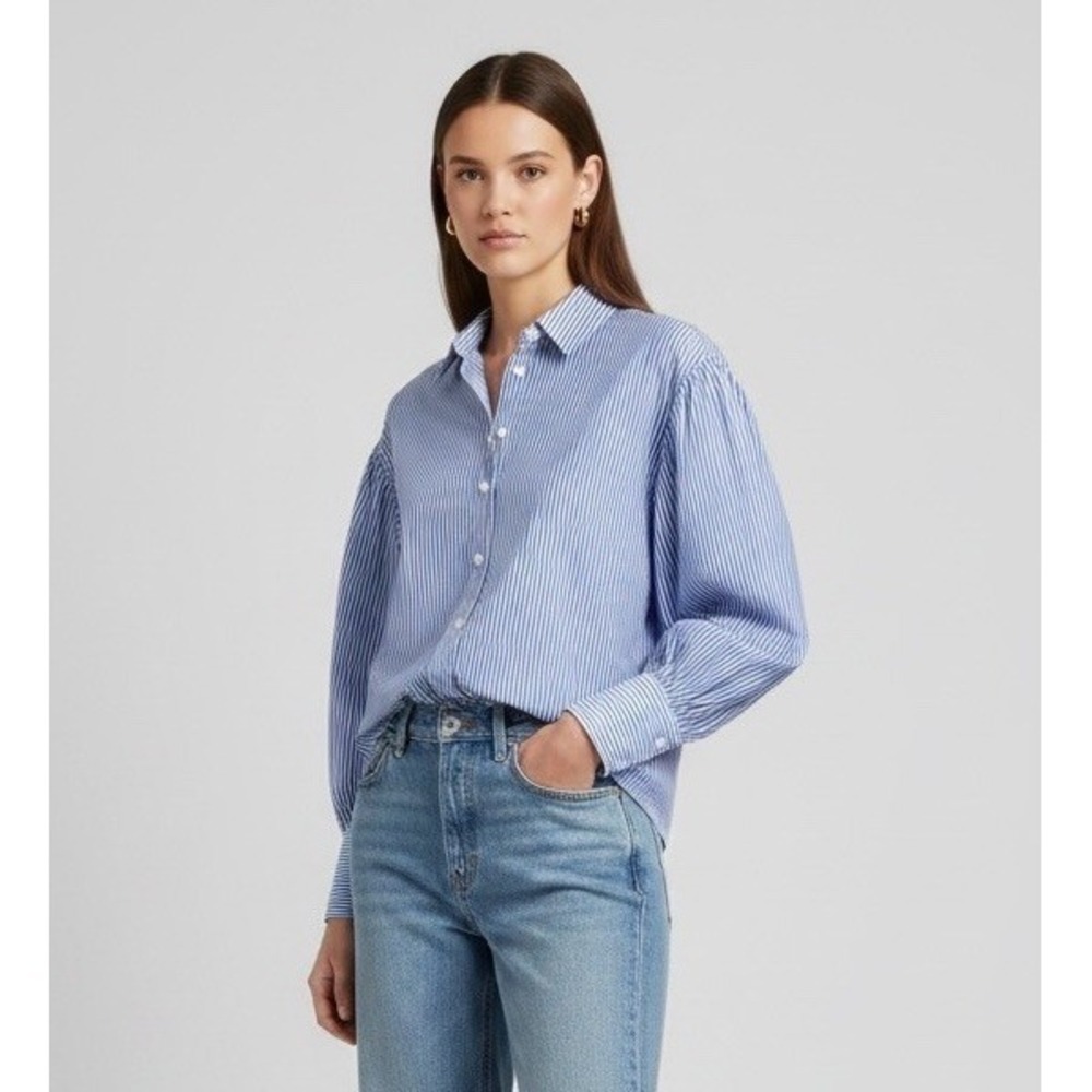 Aqua Puff Sleeve Button Up Blouse Size S Blue White Stripe 100% Cotton Dramatic